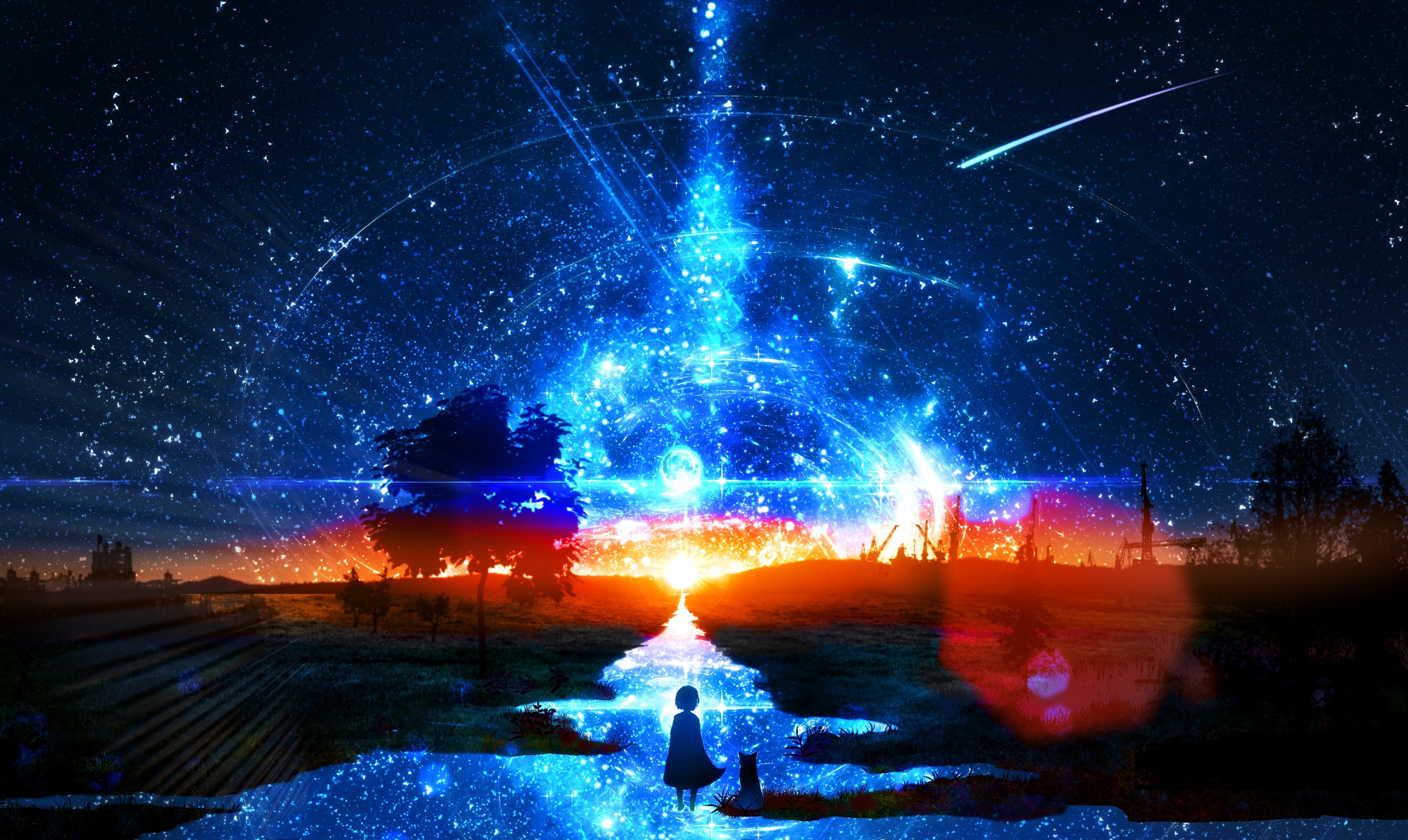 Фото бесплатно обои аниме пейзаж, падающие звёзды, комета