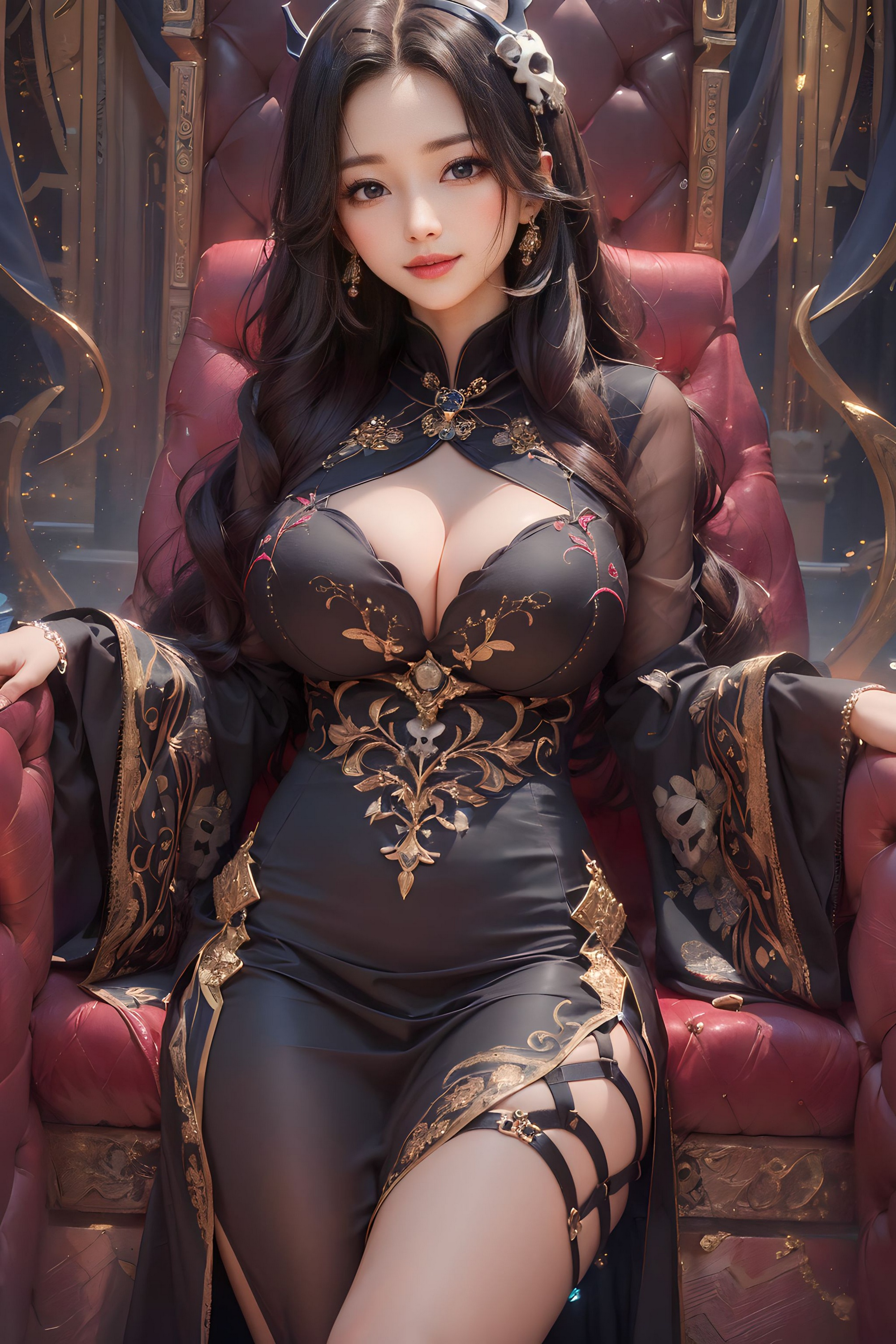 Азиатка в чёрном платье с глубоким декольте