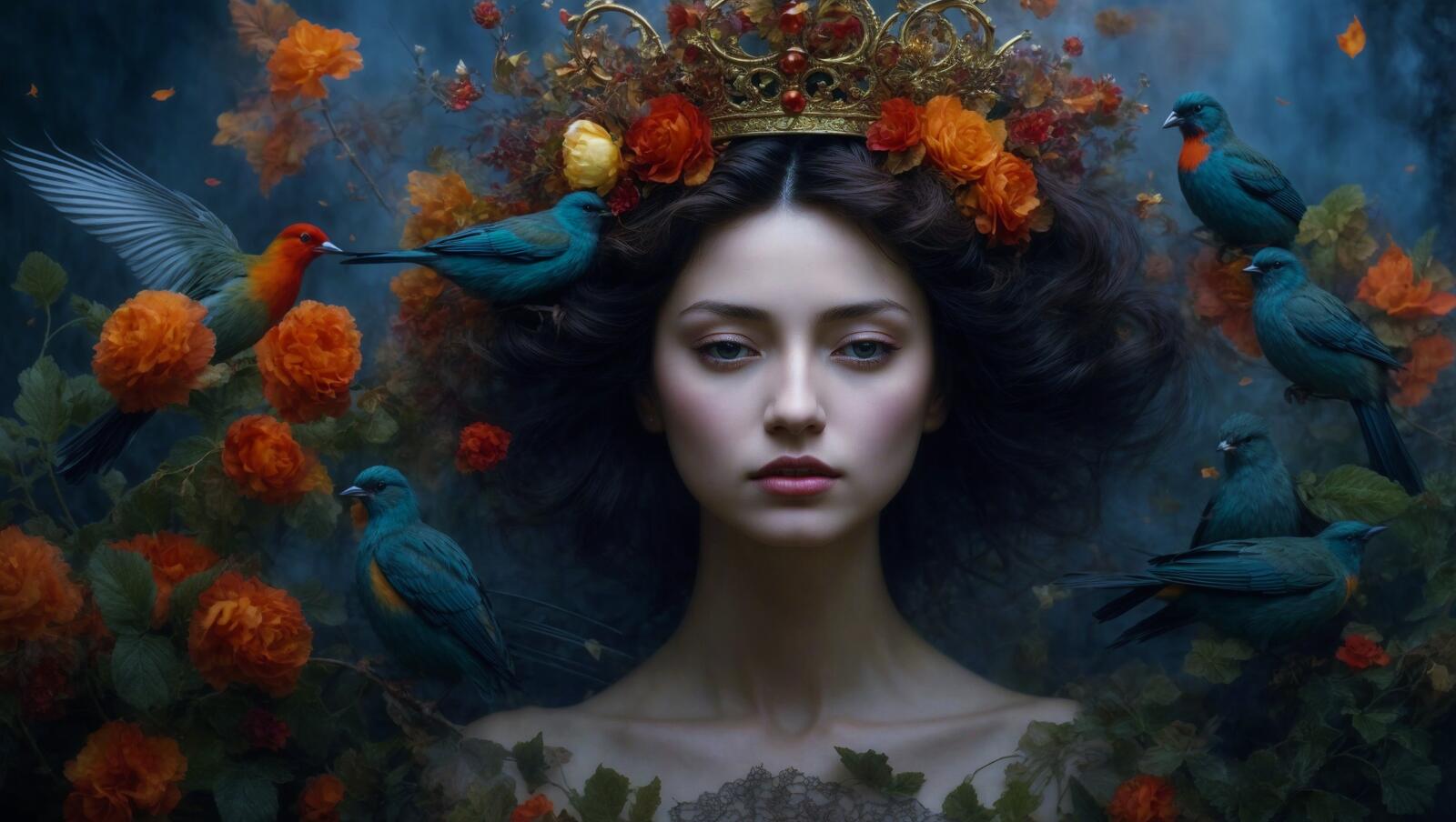Бесплатное фото Картина с изображением девушки с птицами на голове