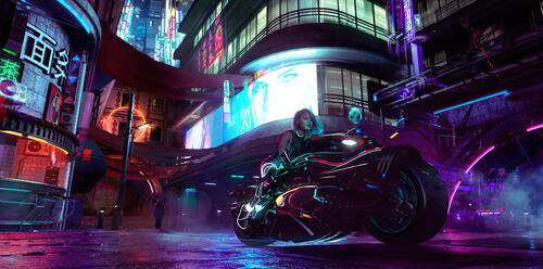 A girl on a motorcycle from a cyberpunk game
