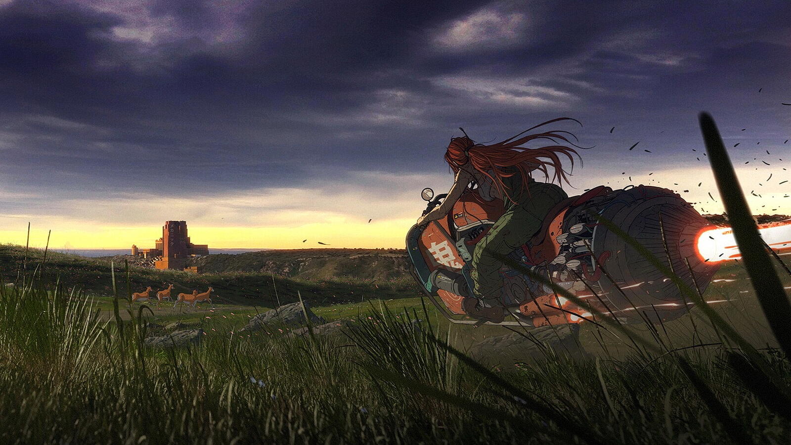 Бесплатное фото Рисунок девушки на фантастическом мотоцикле и зеленое поле