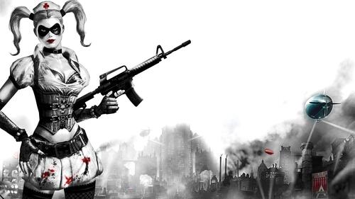 Harley Quinn in a nurse skin with a machine gun.