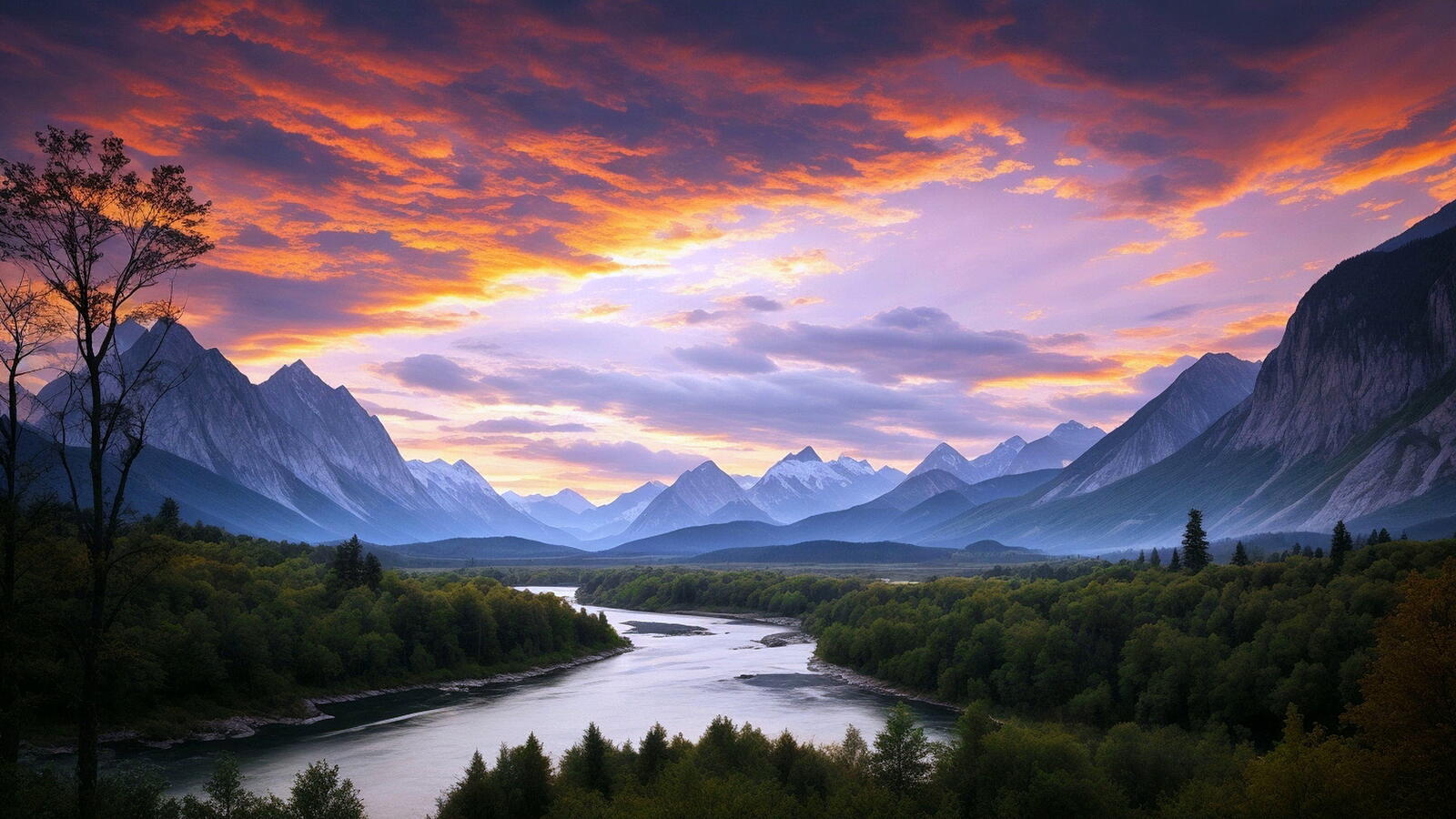 Бесплатное фото Лес и река на фоне гор и неба
