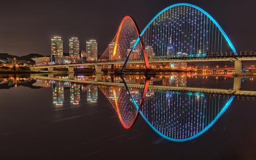 Reflection of a night bridge in a city river