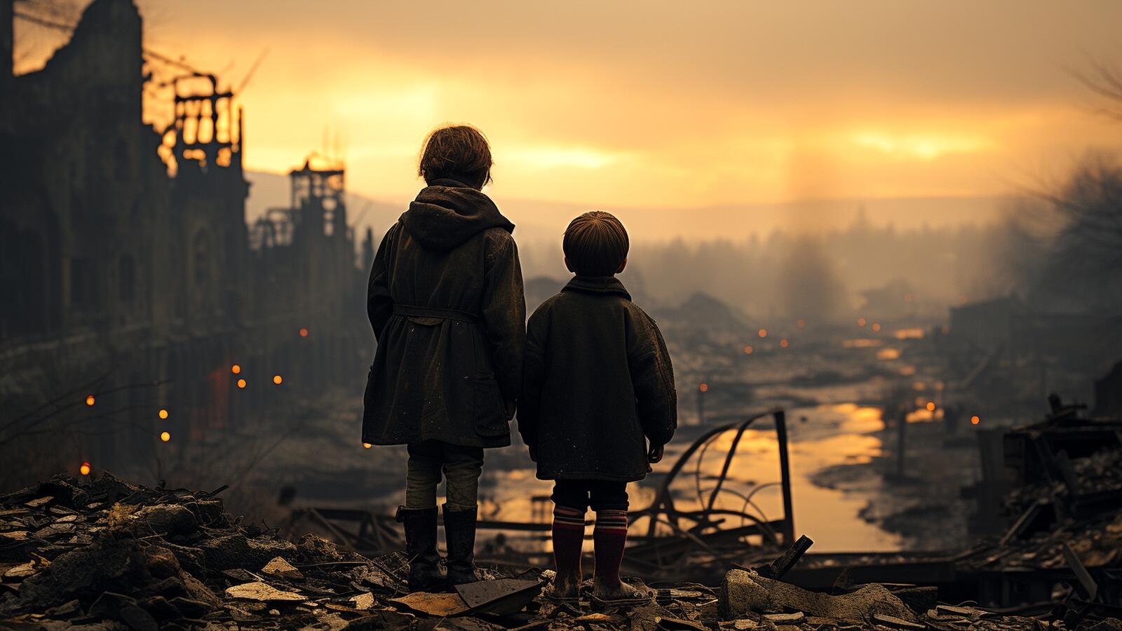 Бесплатное фото Дети и разрушенный город