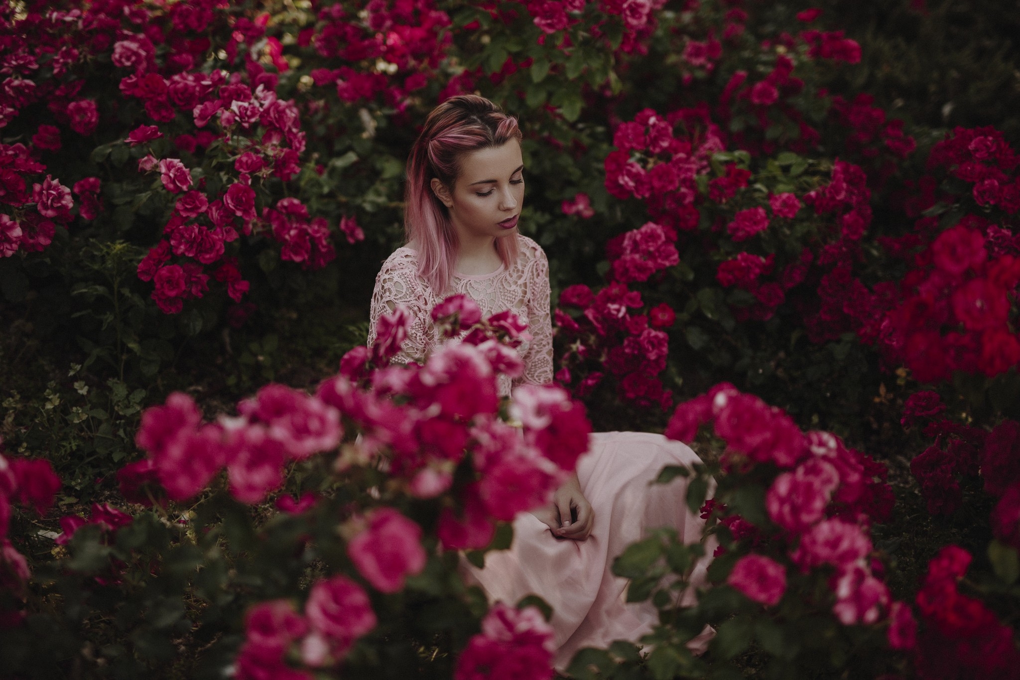 Девушка в розовом платье сидит в саду среди розовых роз