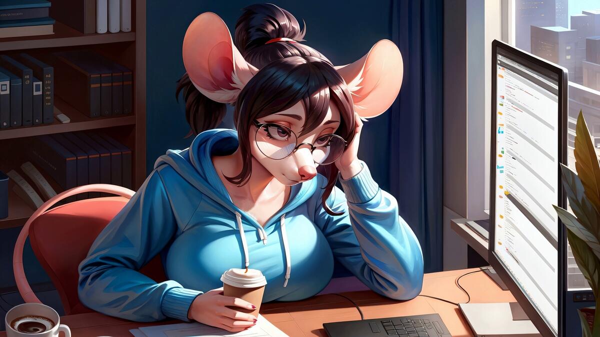 A girl mouse sits at a desk in a room