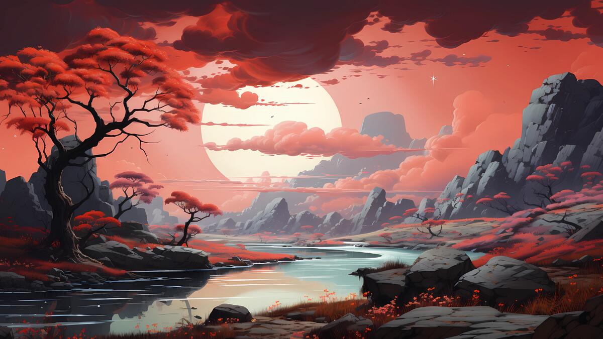 A fantasy landscape with rocks and red plants
