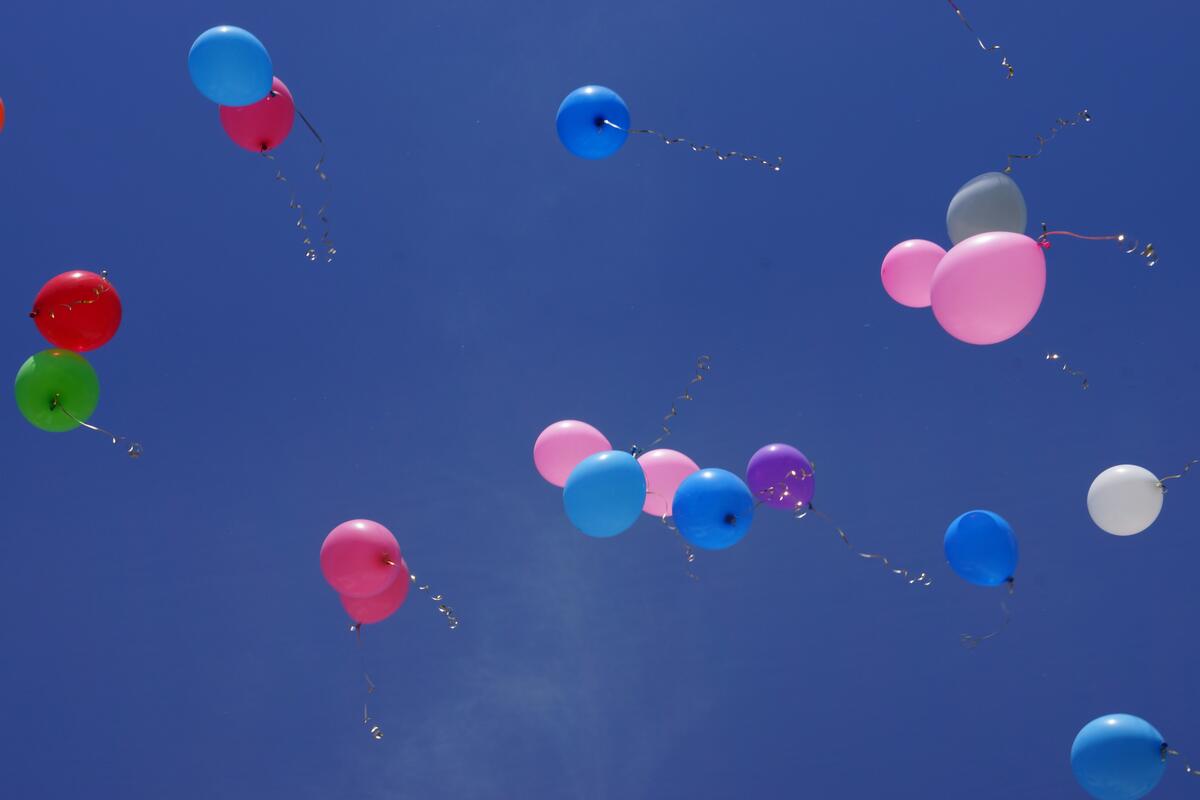 Разноцветные воздушные шарики в синем небе