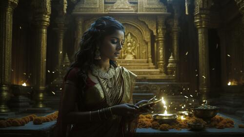 Женщина в золотом сари держит зажженную свечу.