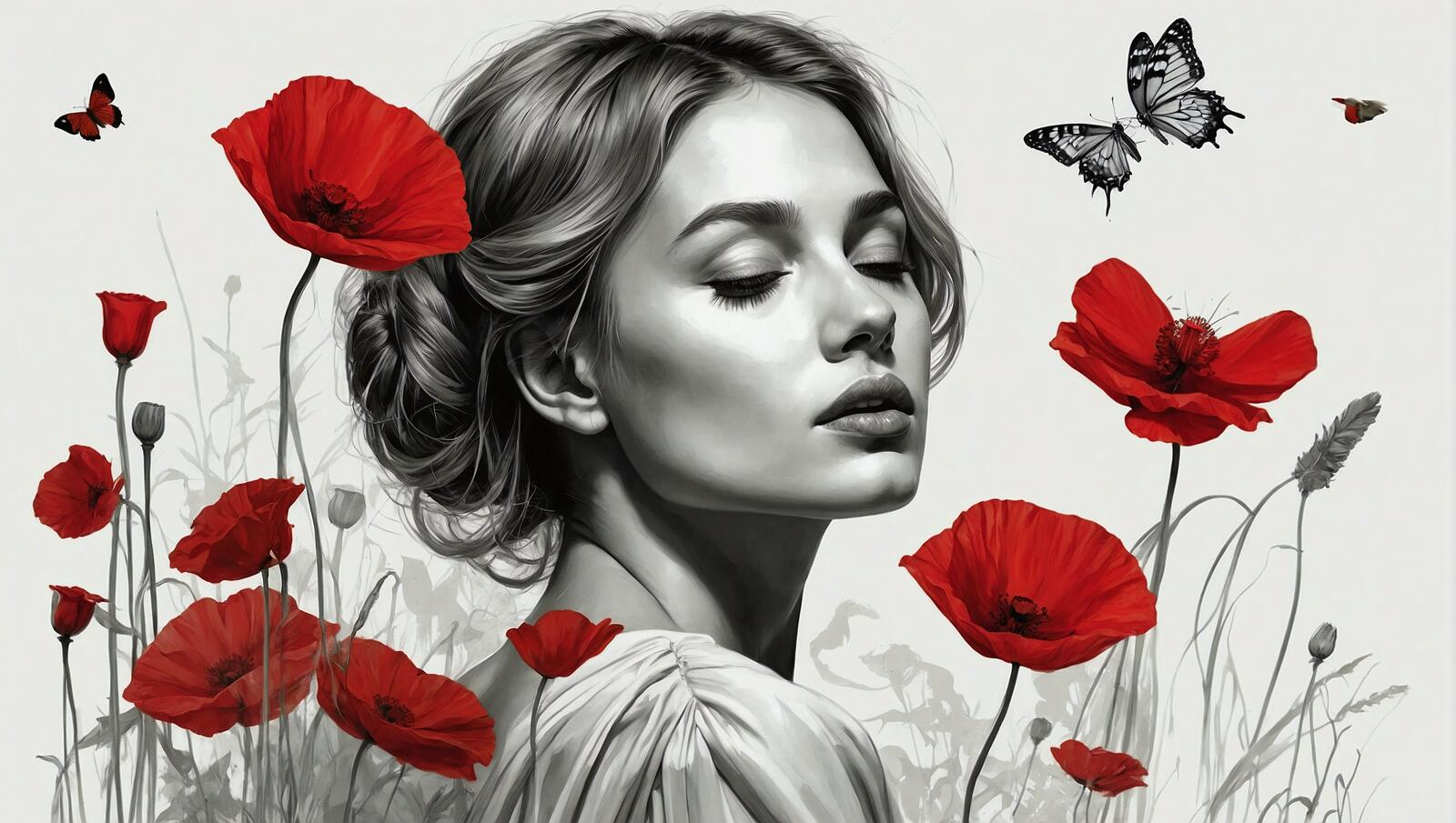 Free photo Illustration showing a woman surrounded by red flowers