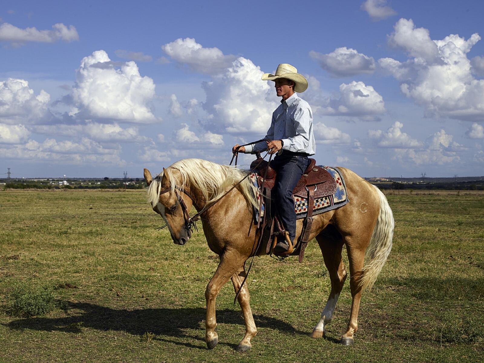 免费照片一个带着白帽子的骑手骑在马上。
