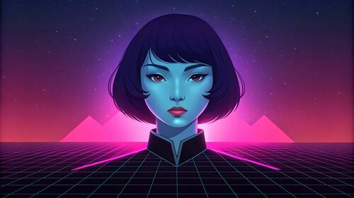 Portrait of a fantastic girl with short haircut on a neon background