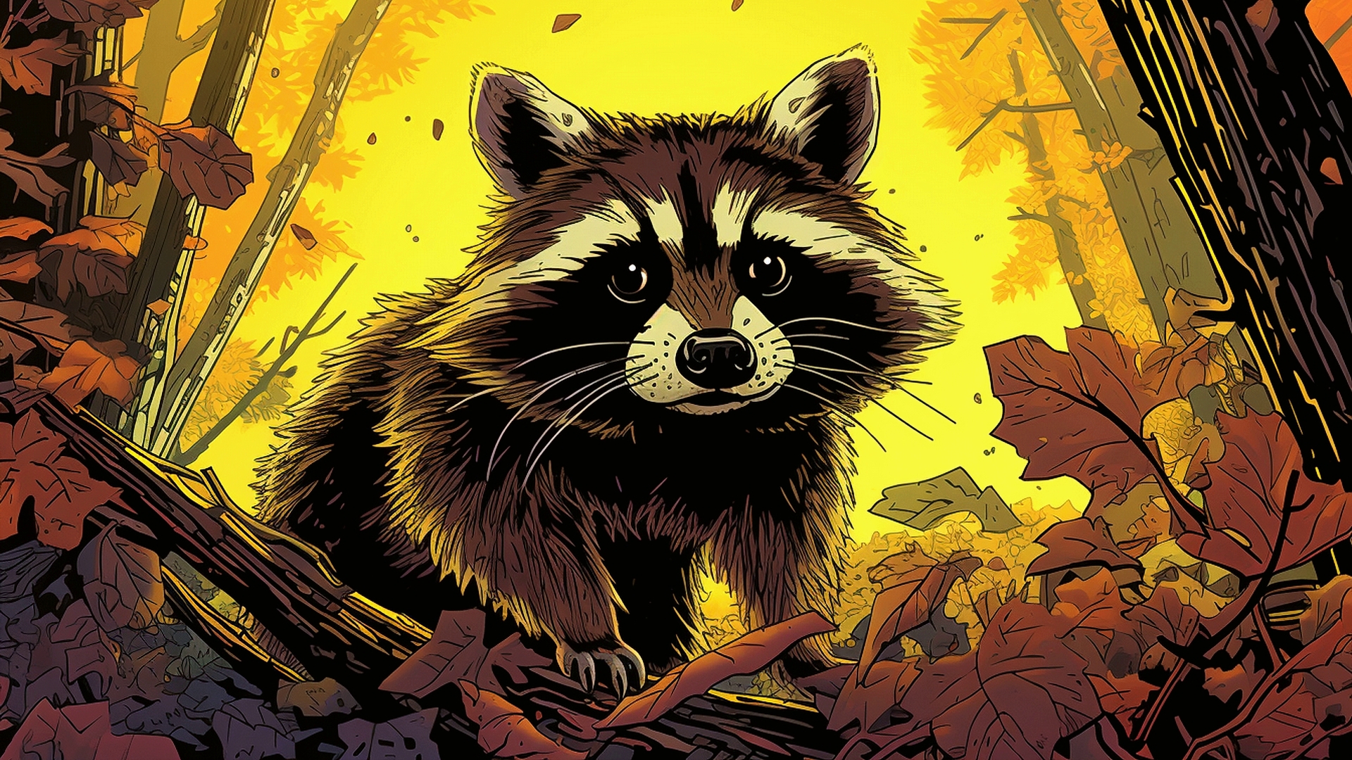 Drawing of a raccoon in the fall woods