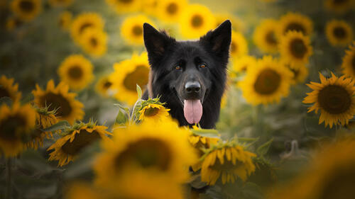 A black dog running through a field of sunflowers