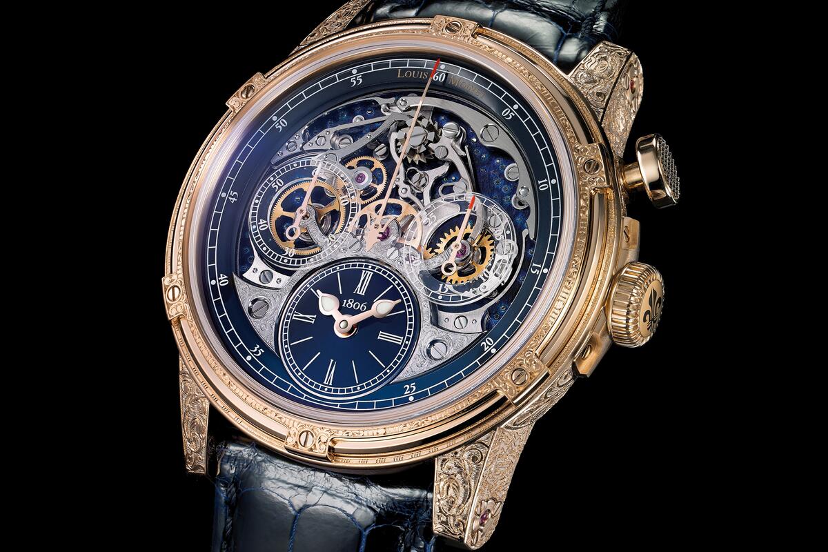 Luxury watches by Louis Moinet on black background