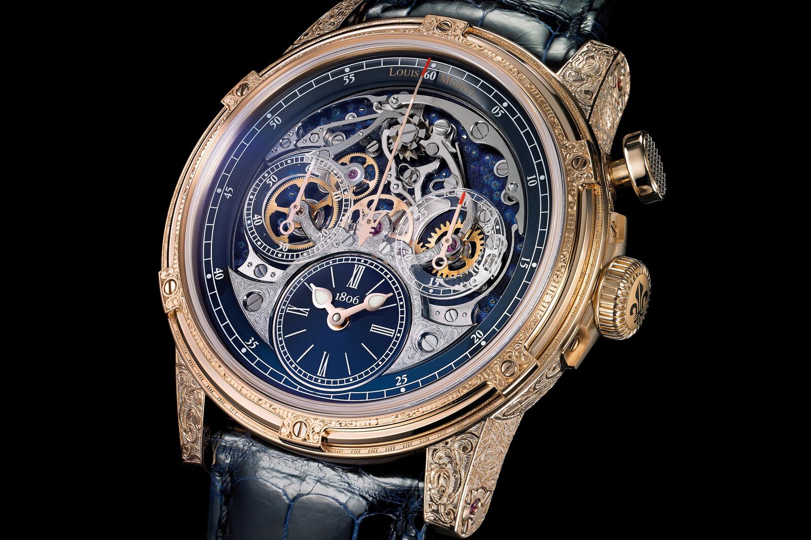 Free photo Luxury watches by Louis Moinet on black background