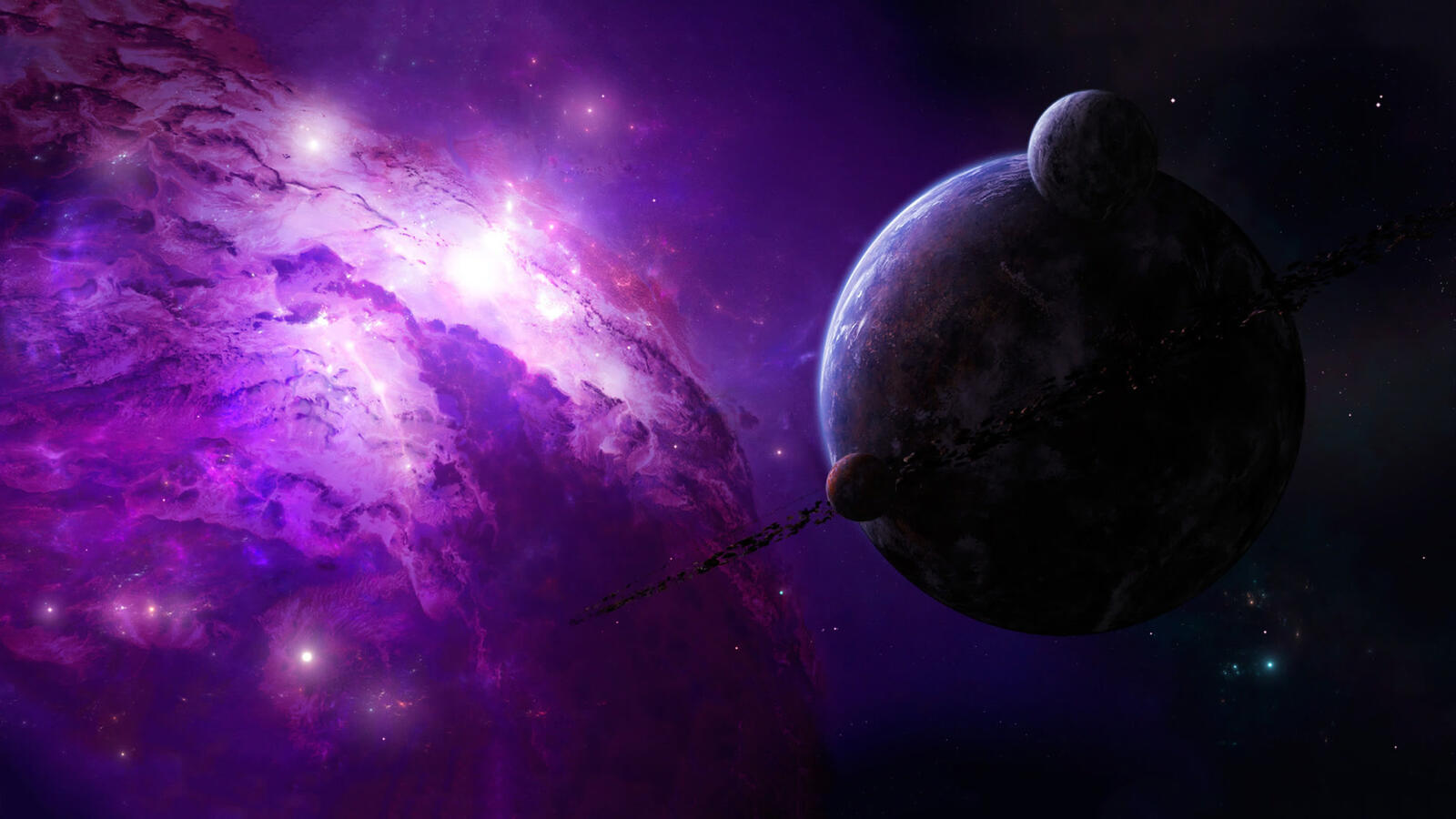 Бесплатное фото Кварцево-фиолетовая туманность с планетами