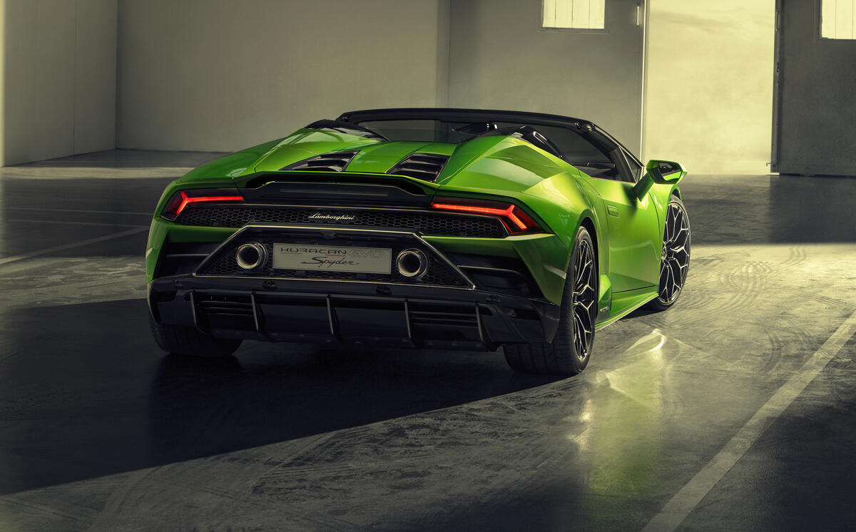 Lamborghini Huracan Evo Spyder in light green convertible body photographed from behind