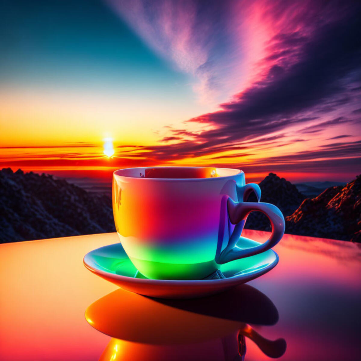 A fantastically colorful cup of coffee at dawn