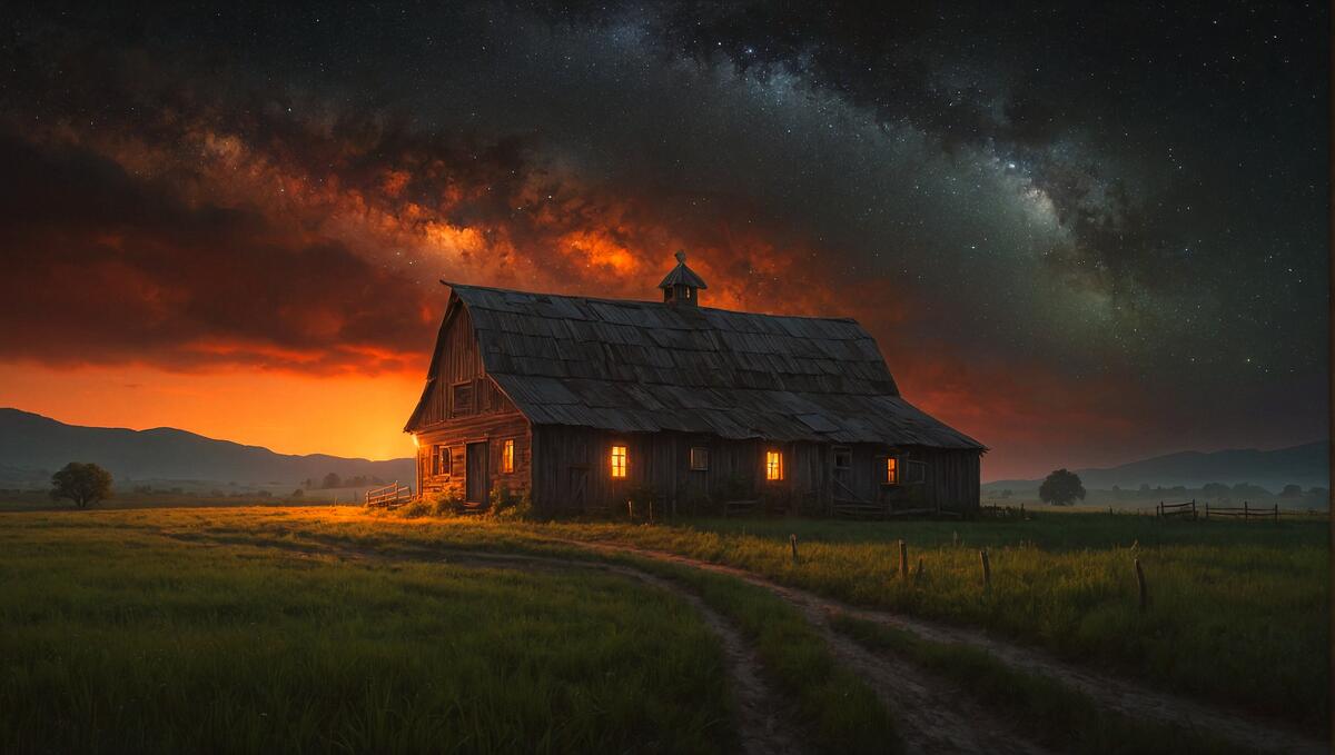 Фермерский дом под ночным пасмурным небом