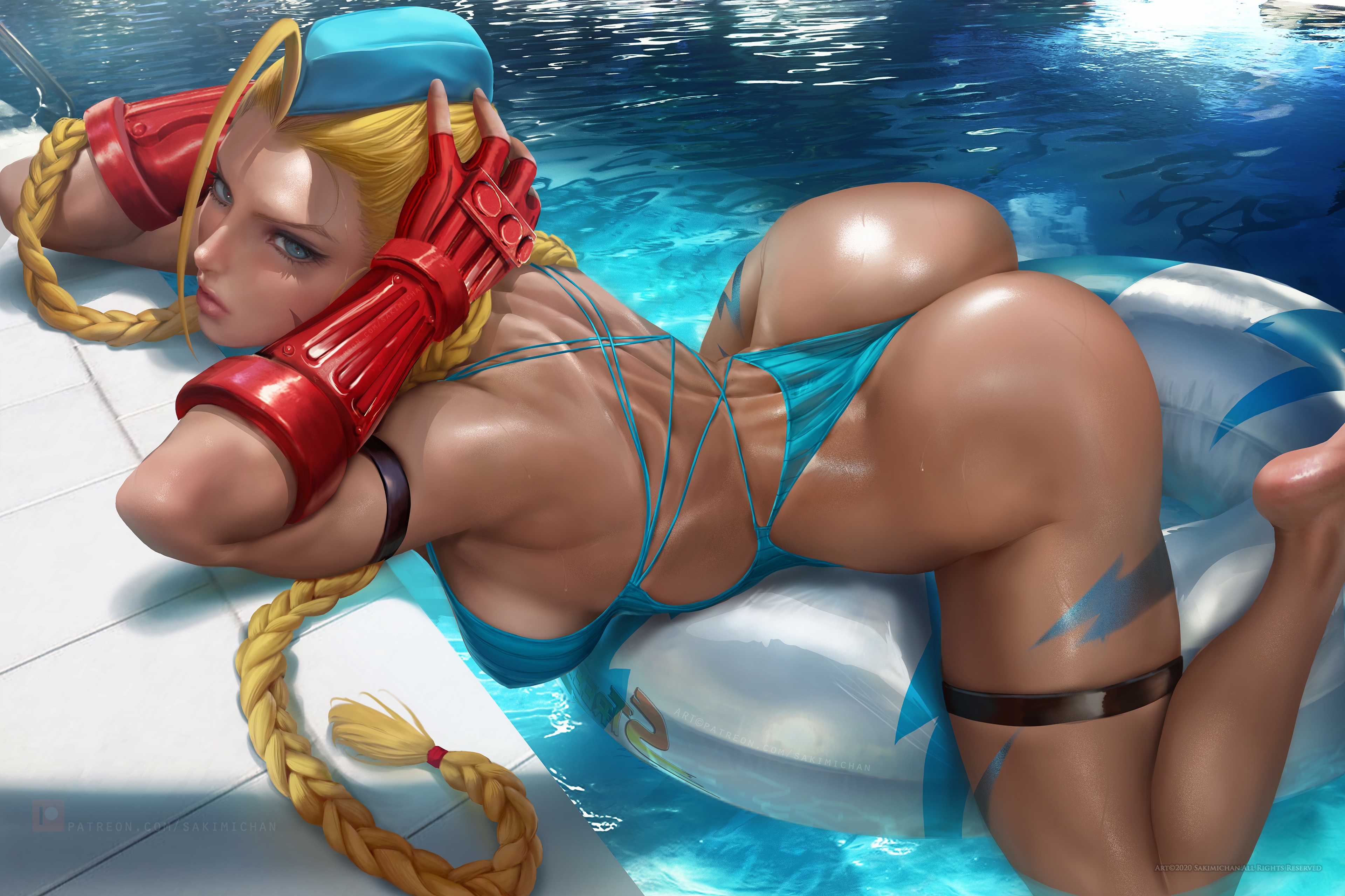 Blonde in red gloves bathing in the pool