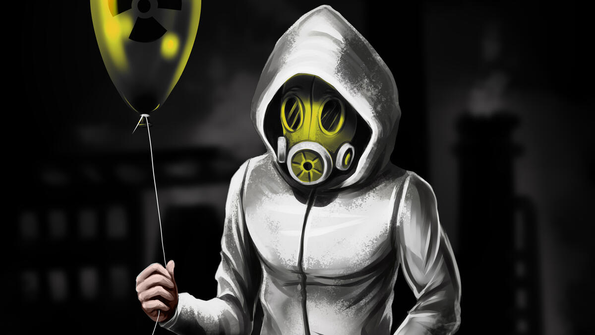 Drawing of a man wearing a white hooded sweatshirt and gas mask with a yellow balloon in his hands