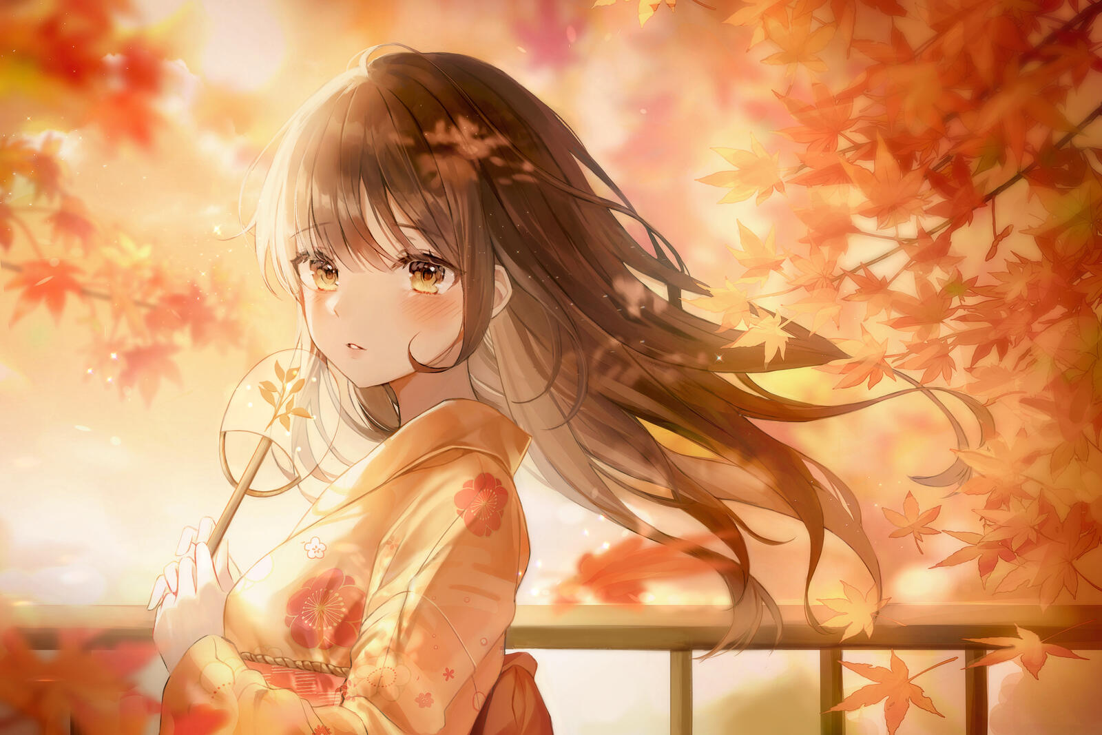 Free photo Anime girl on the background of autumn forest with maple leaves