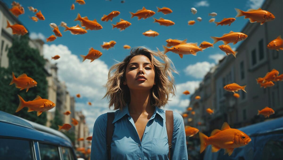 A woman stands beneath goldfish floating in the air.
