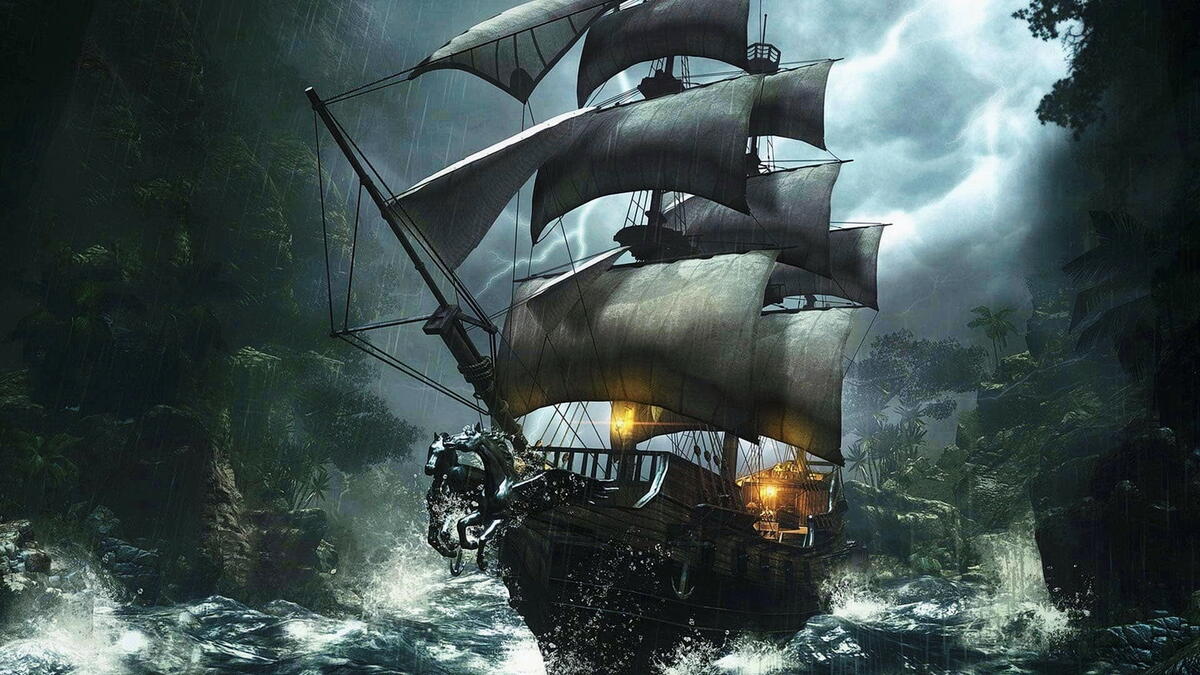 Парусный корабль проходящий между скал в шторм