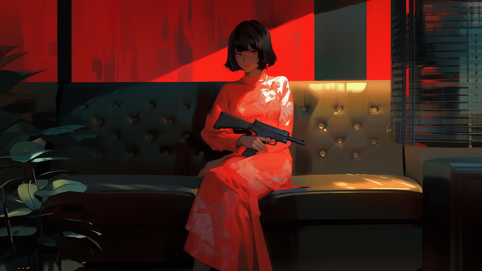 Free photo Drawing of a brunette girl with a machine gun in her hands sitting on a couch.