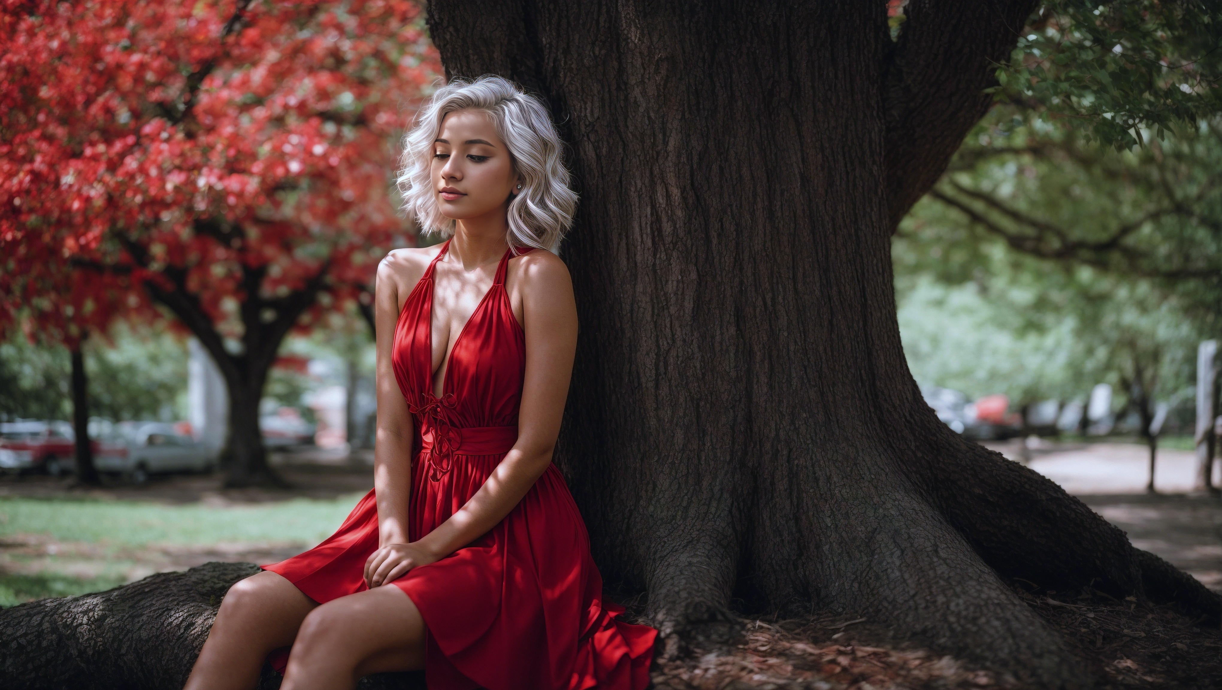 A woman sitting in front of a tree while wearing a red dress