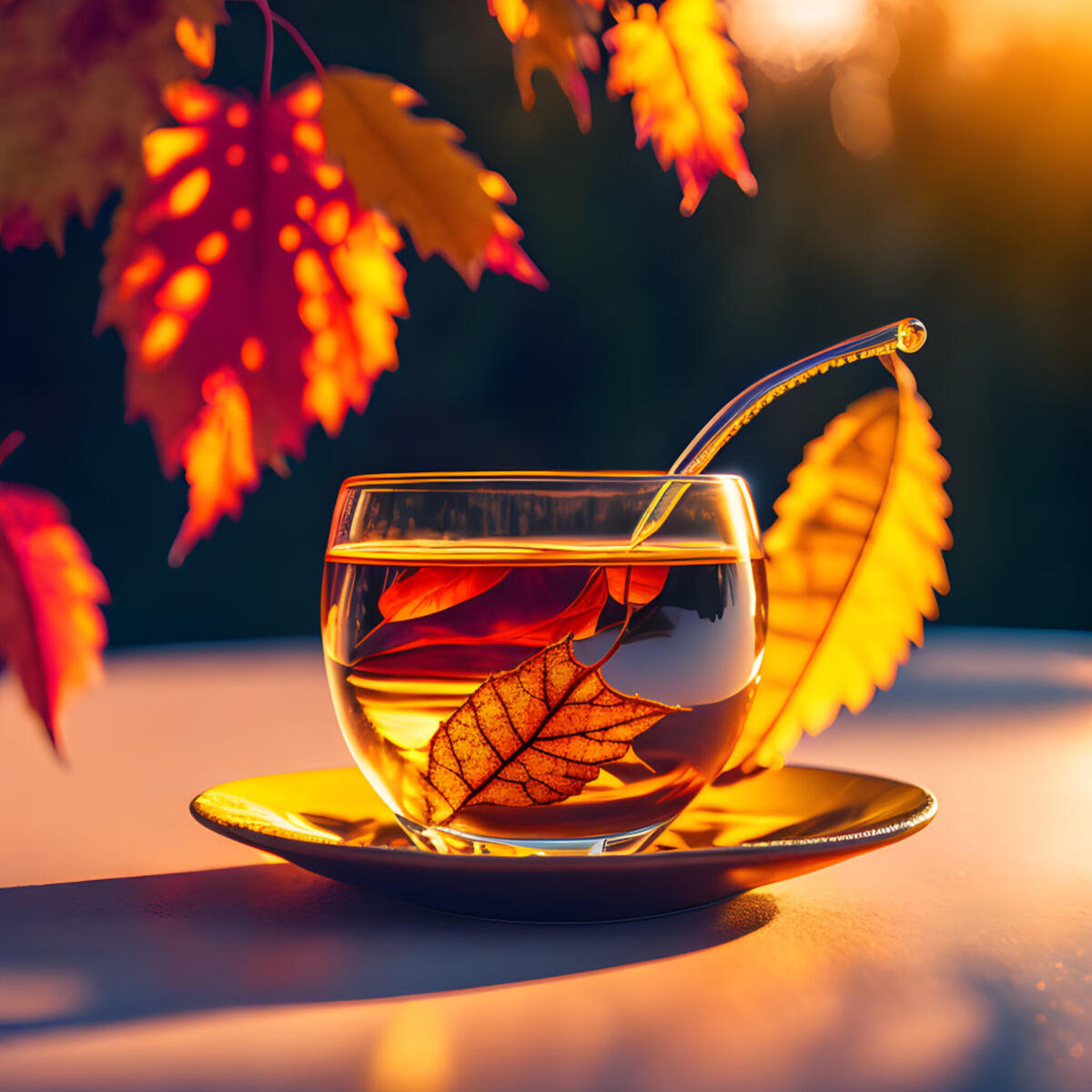 An autumnal cup of tea with leaves