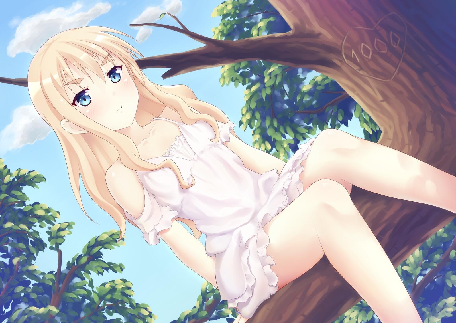 Free photo Anime girl sitting on a tree branch