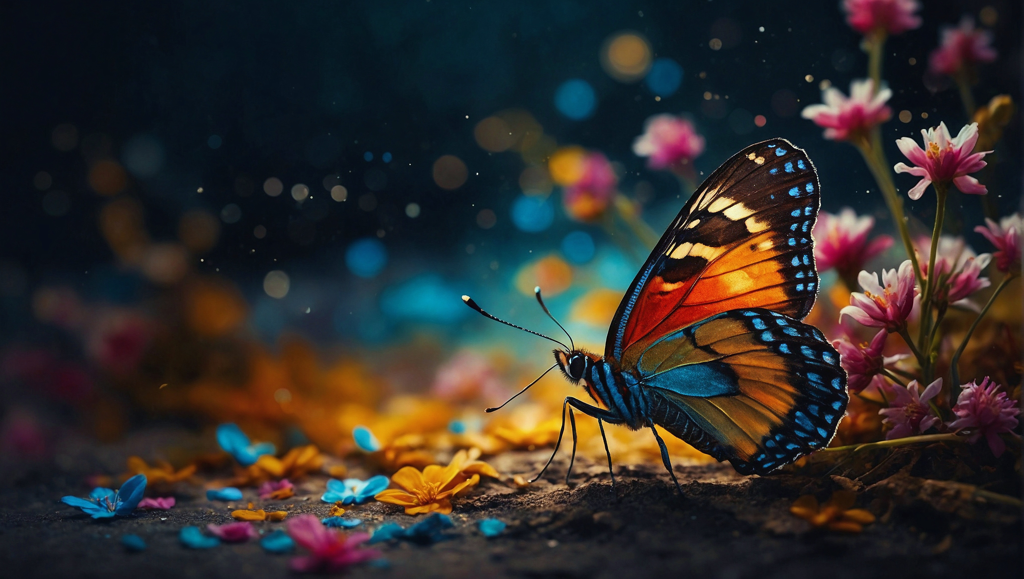Бесплатное фото Бабочка, сидящая на поле цветов