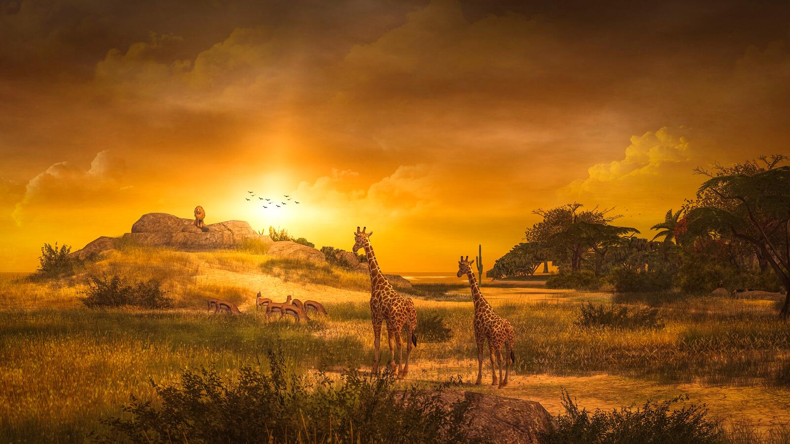 Free photo Drawing of the savannah at sunset