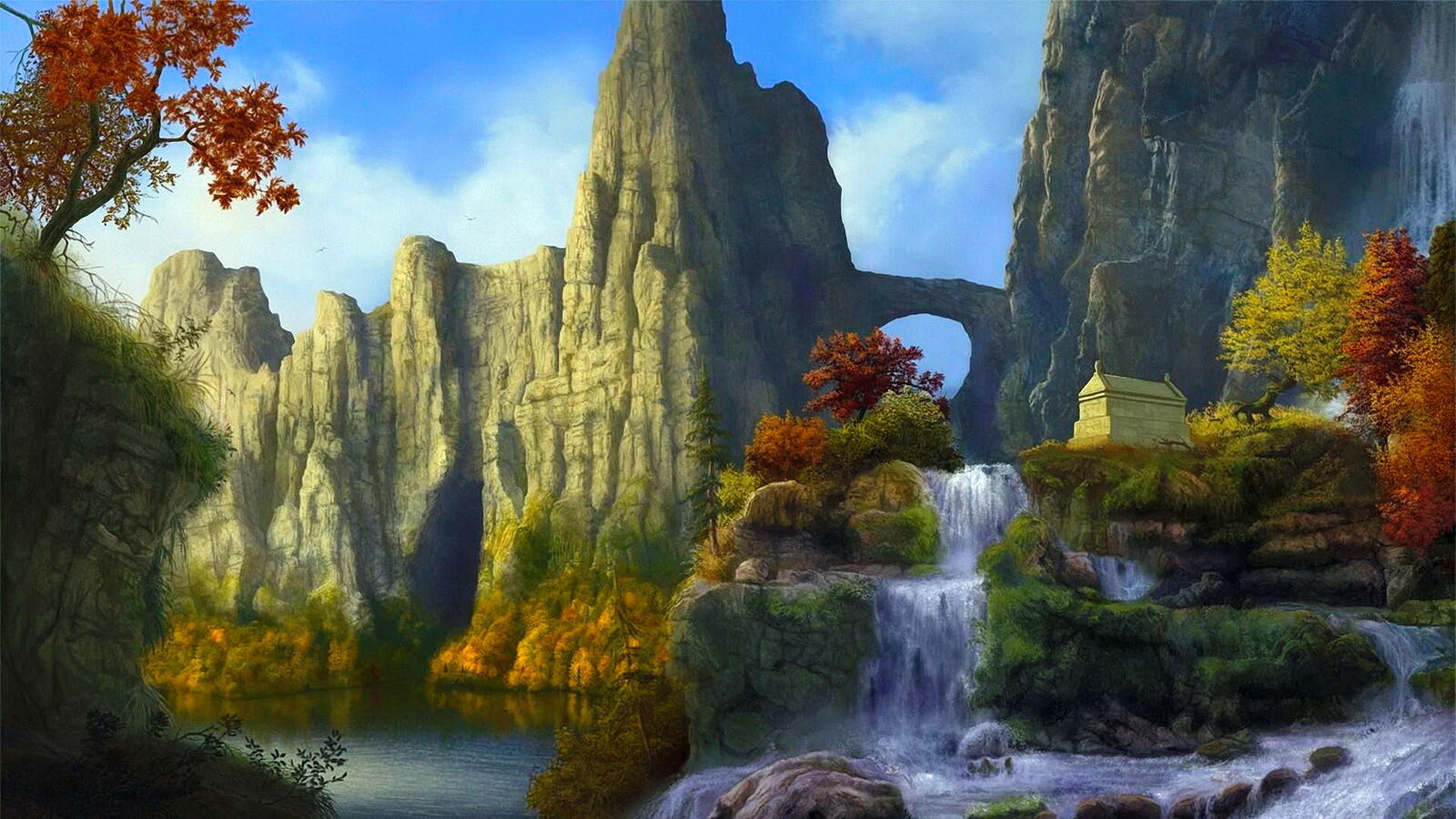 Бесплатное фото Дом у водопада в горах