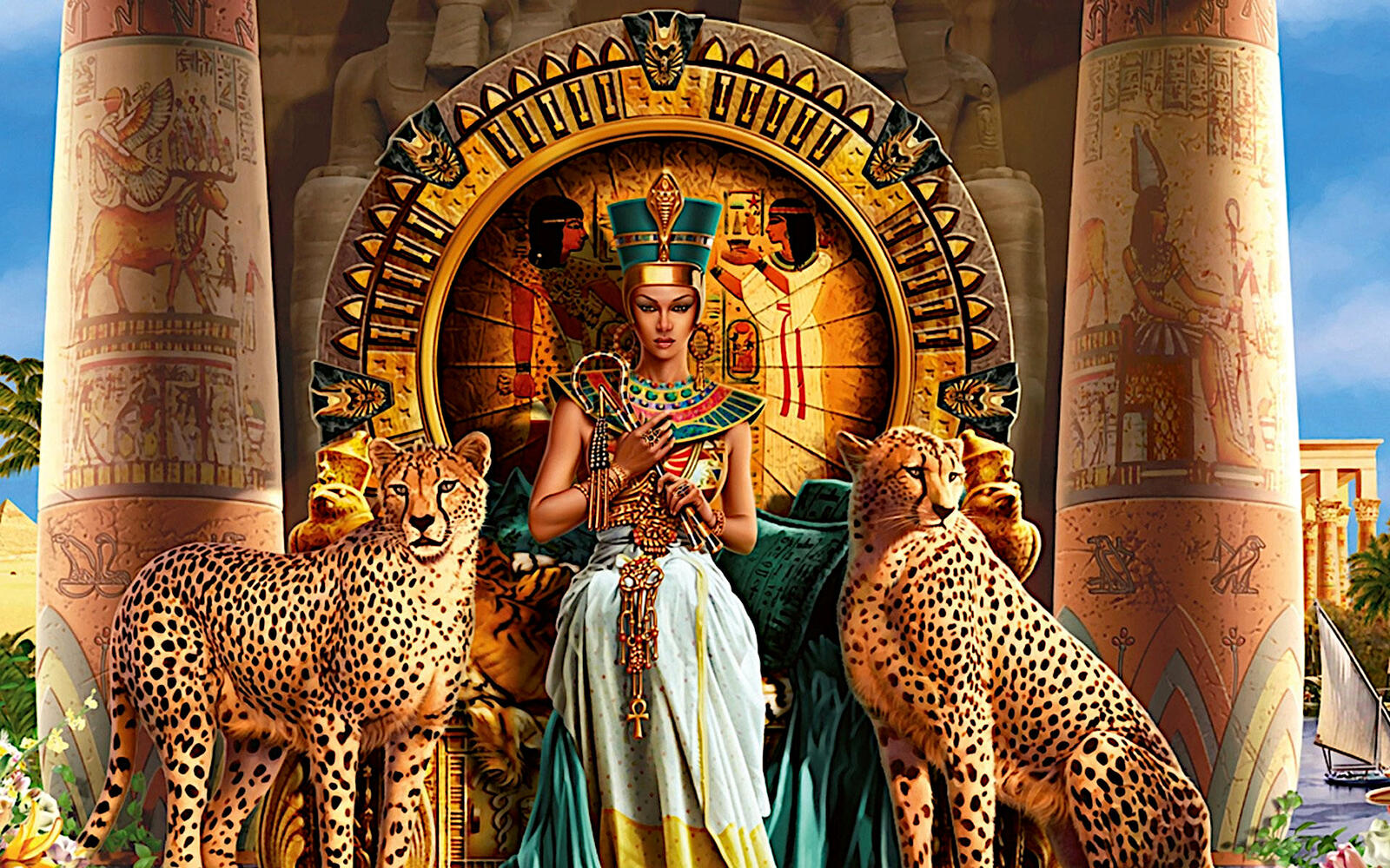 Бесплатное фото Клеопатра на троне с леопардами