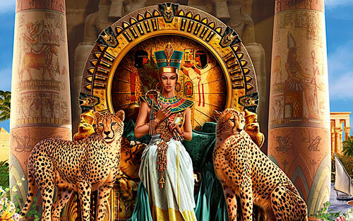 Клеопатра на троне с леопардами