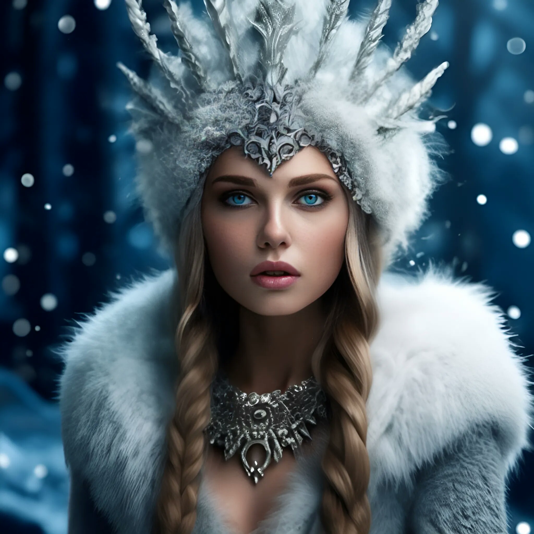 A snow queen in a winter forest.