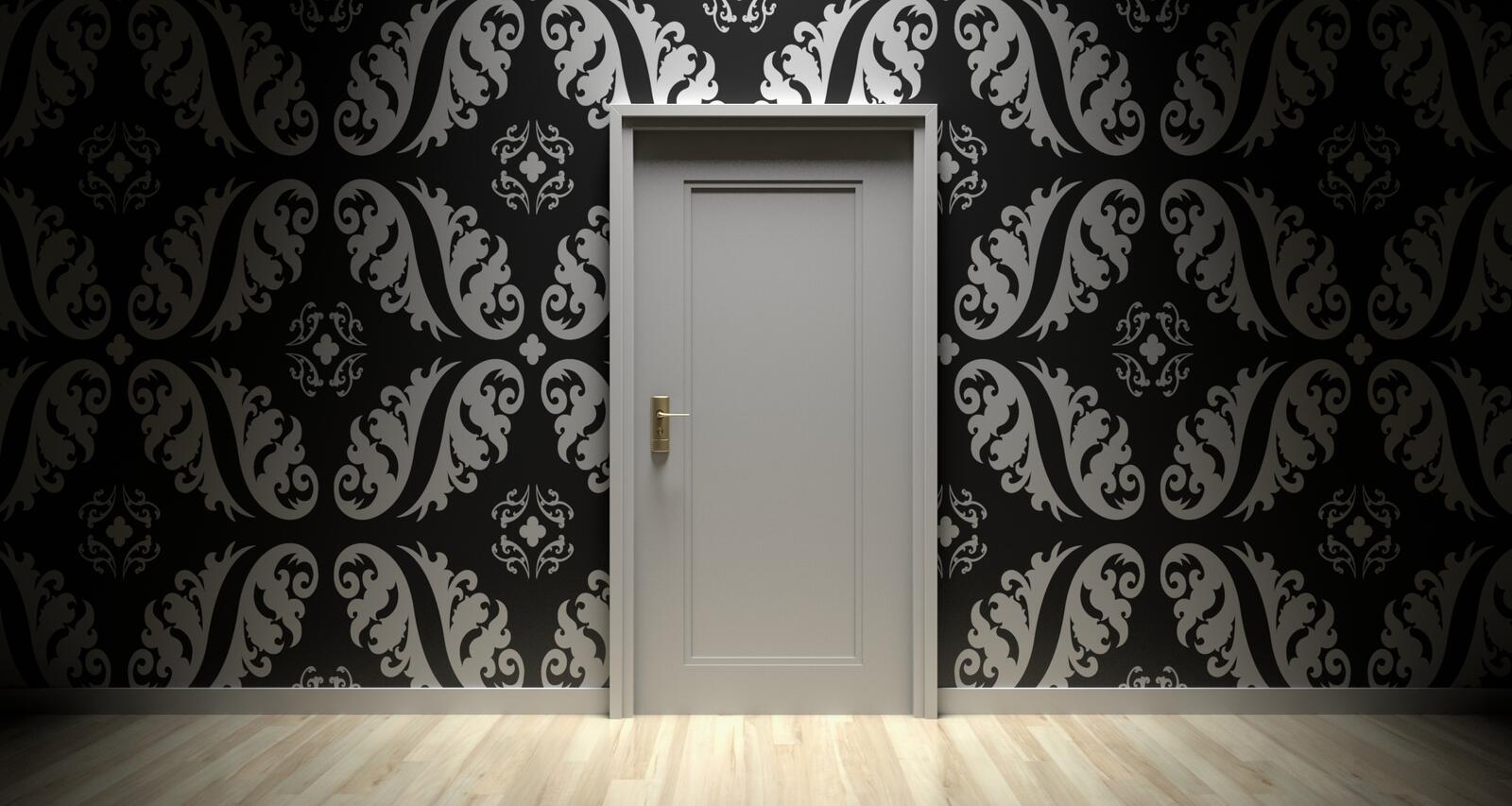 Free photo Gray door with dark wallpaper