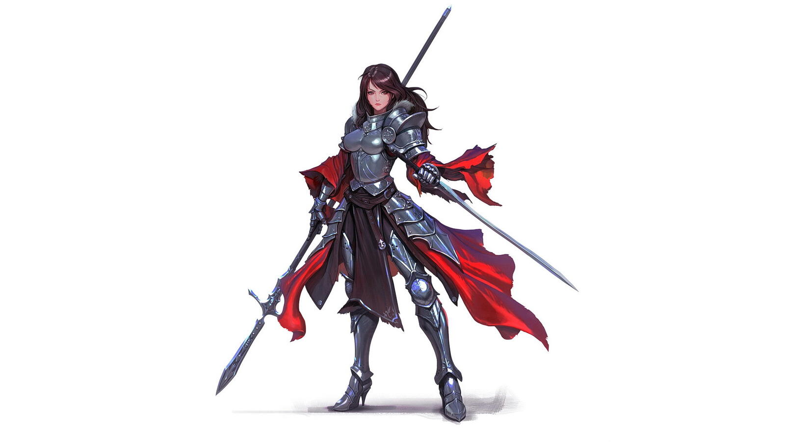 Бесплатное фото Девушка воин с копьем и мечом на белом фоне