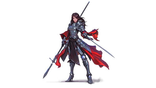 Девушка воин с копьем и мечом на белом фоне