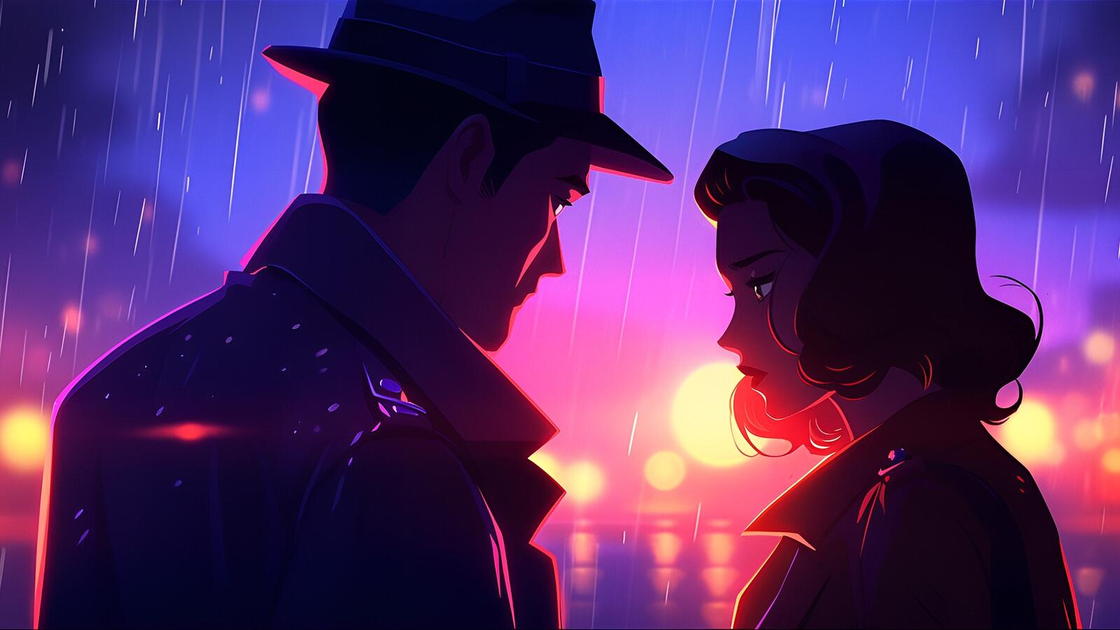 Бесплатное фото Рисунок мужчина и девушка под дождем