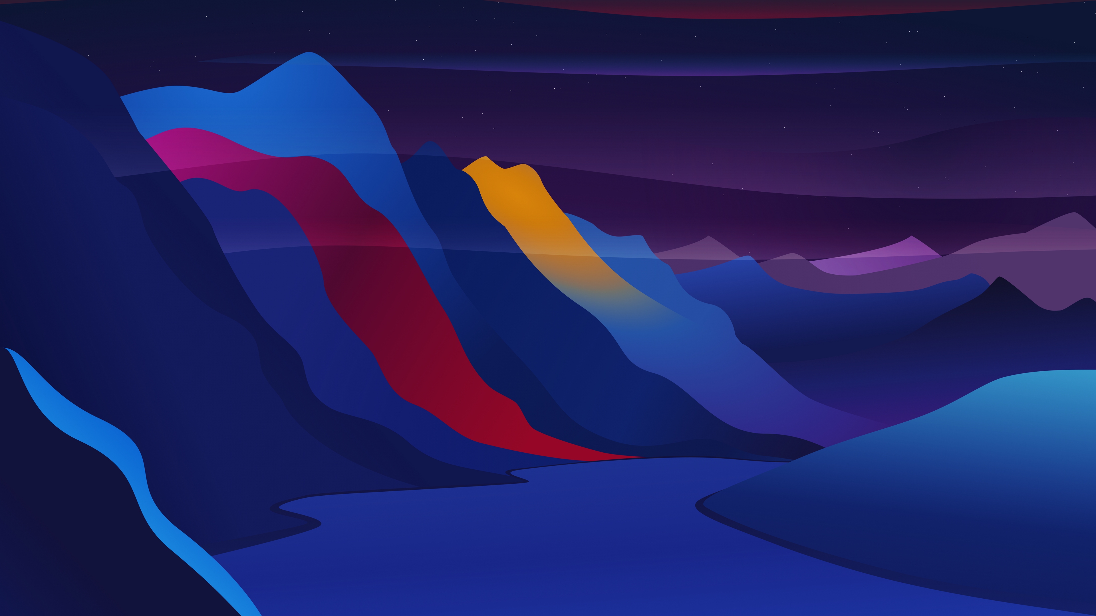 A drawing of colorful mountains with a river
