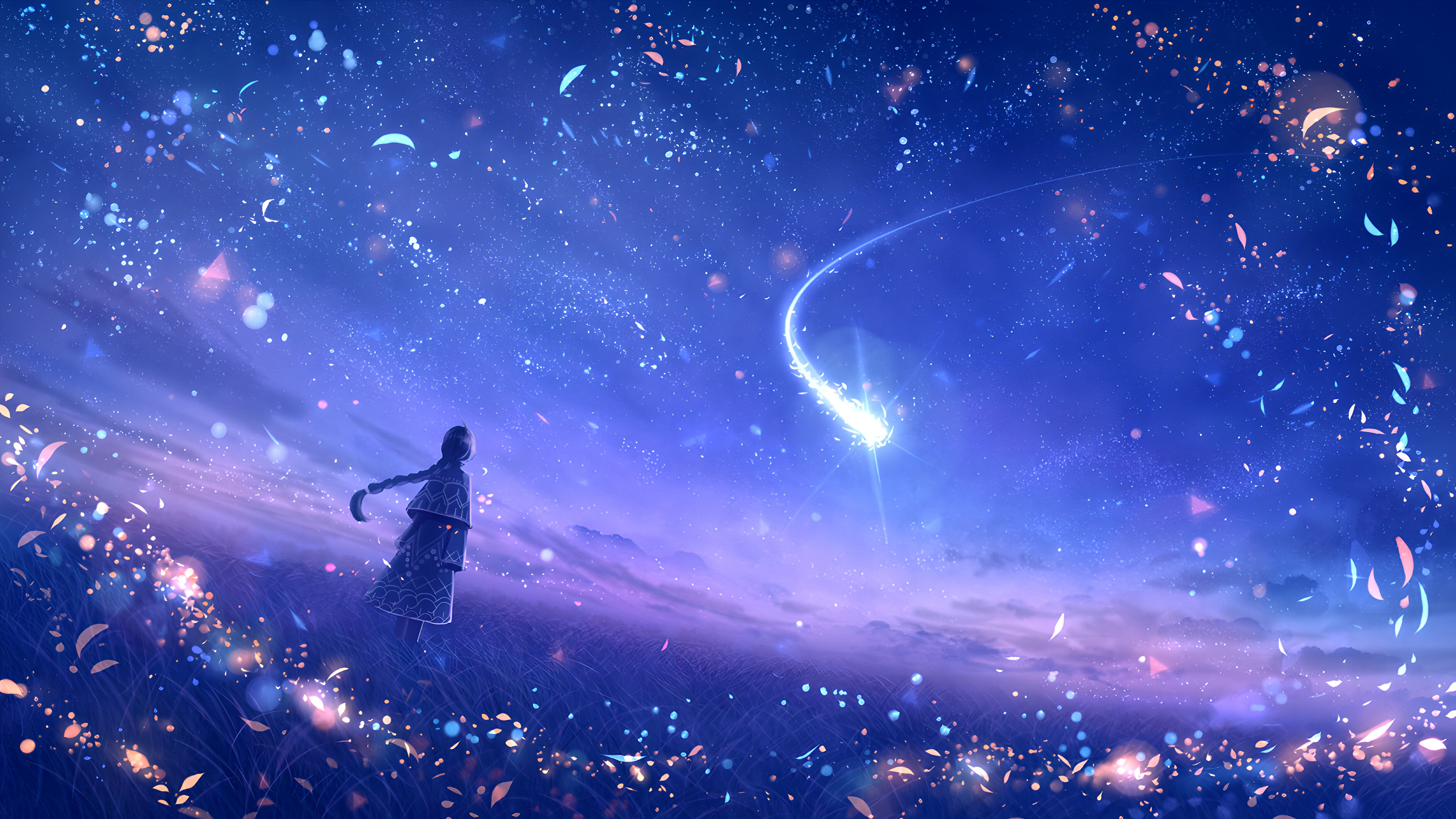Девочка смотрит в синее небо на падающую звезду