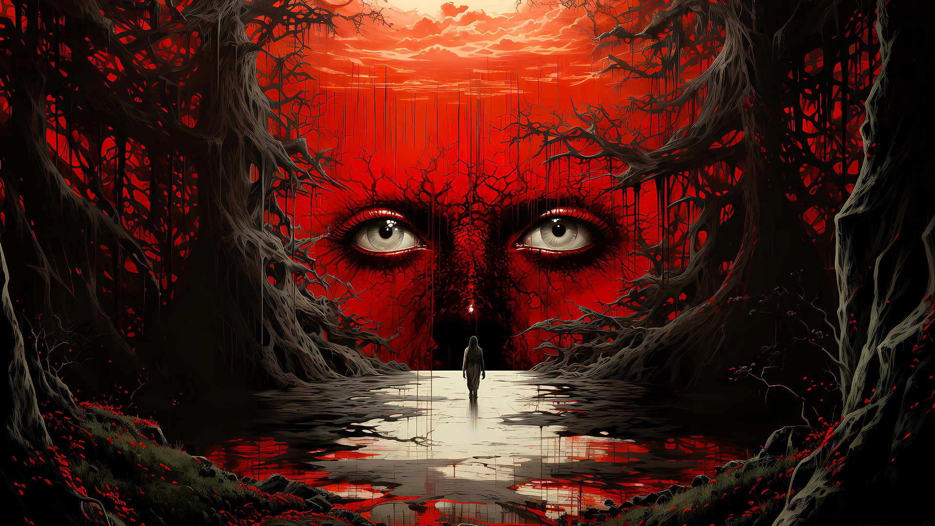 A drawing of a red face in the woods and a girl