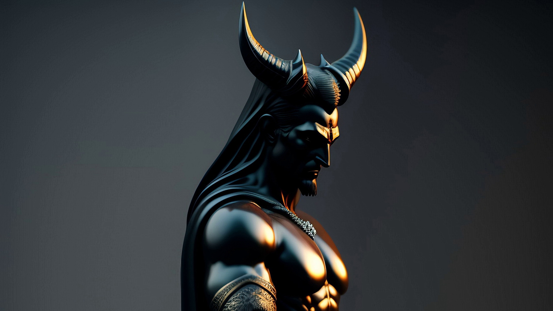 Sculpture of a demon with horns on a gray background