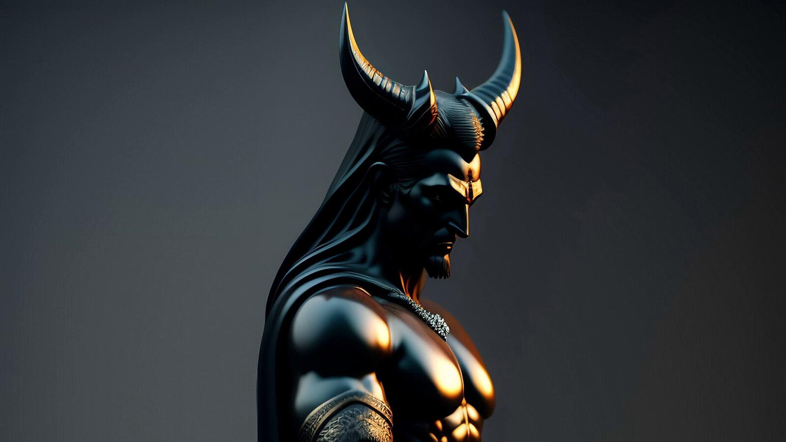 Free photo Sculpture of a demon with horns on a gray background