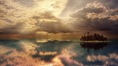 A beautiful landscape with sunrays reflecting in the lake